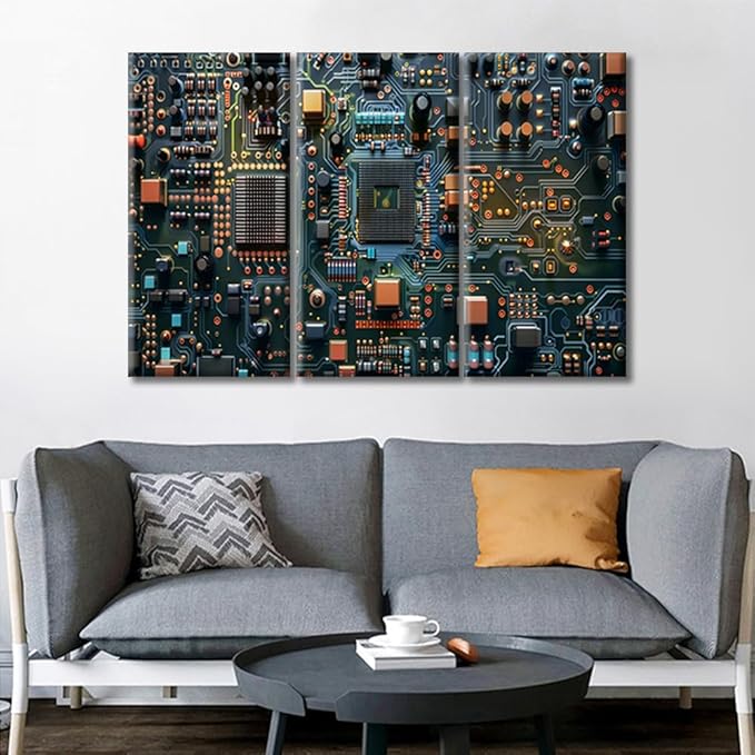 3 Panels CPU Concept Pictures Wall Art Microcontroller Technology Pictures Print on Canvas Circuit Board Wall Decor Paintings for Home Decor Stretched and Framed Easy to Hang (36" Wx24 H)