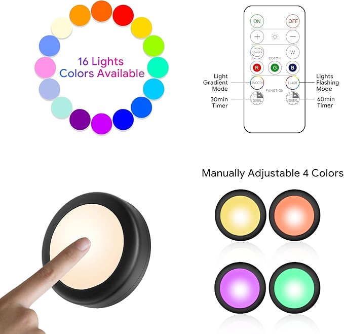 Yiliaw 6 Pack LED Puck Lights Remote Control 16 Color Changeable Under Cabinet Lights, Battery Operated Lights Night Light with Dimmer & Timmer for Closet Bedroom Kitchen, Black
