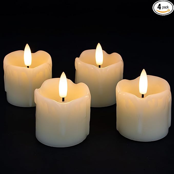 Rhytsing 2" Ivory Flameless Votive Candles Real Wax Dripping Design, LED Faux Battery Operated Tealight Candles with Timer for Christmas Wreath - Set of 4