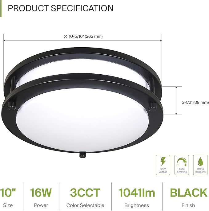ASD LED 10" Round Flush Mount Lighting, Close to Ceiling Light Fixture | 3CCT, Dimmable, Energy Star, ETL Listed | 16W 1041LM 3000K-5000K 120V | Low Profile Double Ring Lamp | Black