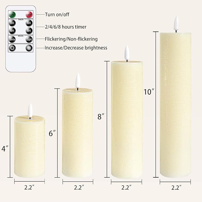 Flickering Flameless Pillar Candles with Remote Control and Cycle Timer,Ivory Pack of 4 Battery Operated(Powered by 2AA) LED Real Wax Tall Fake 3D-Wick Electric Candles(D 2.2” x H 4”,6”,8”,10”)