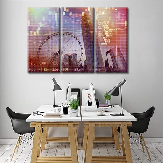 TUMOVO 3 Panels Office Decor Stock Market Picture Wall Art for Living Room Stock Market on Display Black and White Wall Art Smart City Posters and Prints Framed Ready to Hang (42" Wx28 H)
