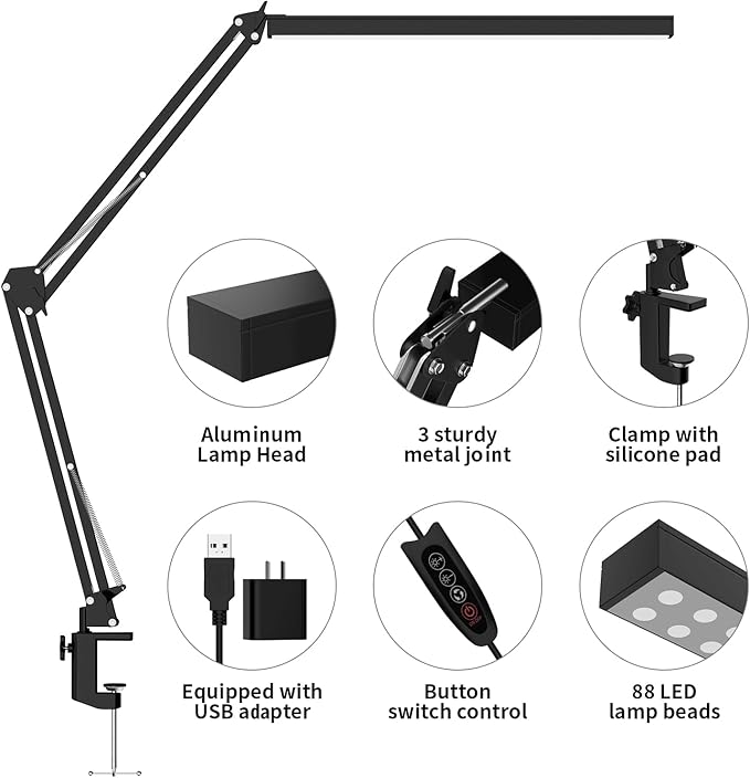 LED Desk Lamp, Manicure Table Lamp, Eye-Caring Drafting Light, Dimmable Office Table Lamp with 3 Color Modes, 10 Brightness Levels & Adapter, Memory Function(Black)