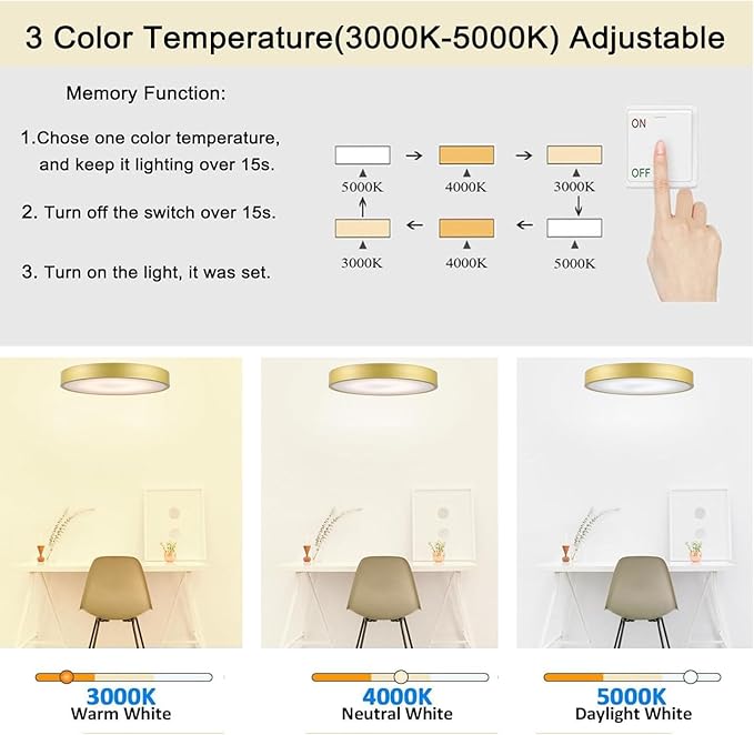 9 Inch Gold Metal Flush Mount LED Ceiling Light, 3000-5000k 20W Thin Round Modern Ceiling Light Fixture, Low Profile Ceiling Lamp for Bedroom, Living Room, Entryway, Bathroom, Kitchen