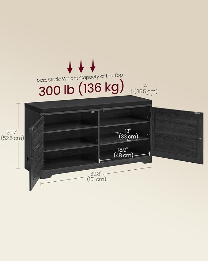 VASAGLE Shoe Storage Bench with Cushion, 3-Tier Entryway Bench with Padded Seat, Doors, Adjustable Shelves, 14 x 39.8 x 20.7 Inches, for Hallway, Bedroom, Charcoal Gray and Ink Black ULSB044B01