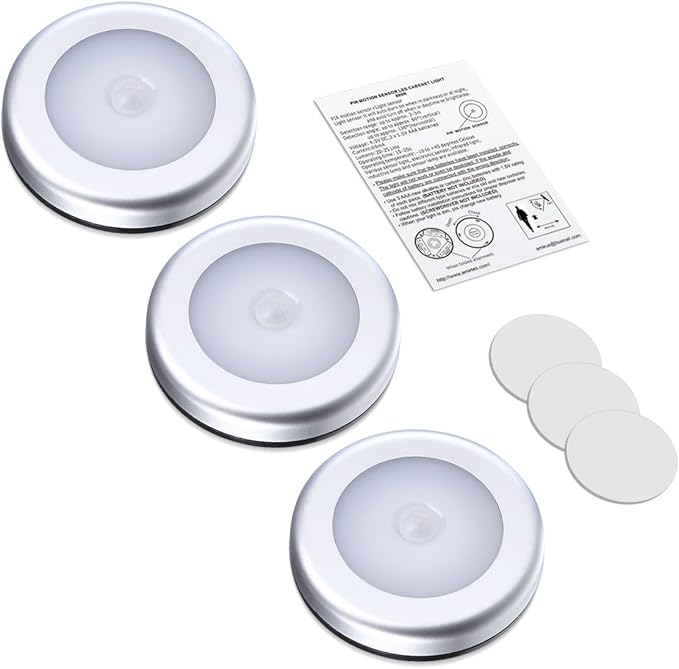 AMIR Upgraded 3.15” Motion Sensor Light, 3 Pack Stick on Cordless Battery-Powered LED Night Light, Closet Lights, Stair Lights, Safe Lights for Hallway, Bathroom, Bedroom, Kitchen (Silver - White)
