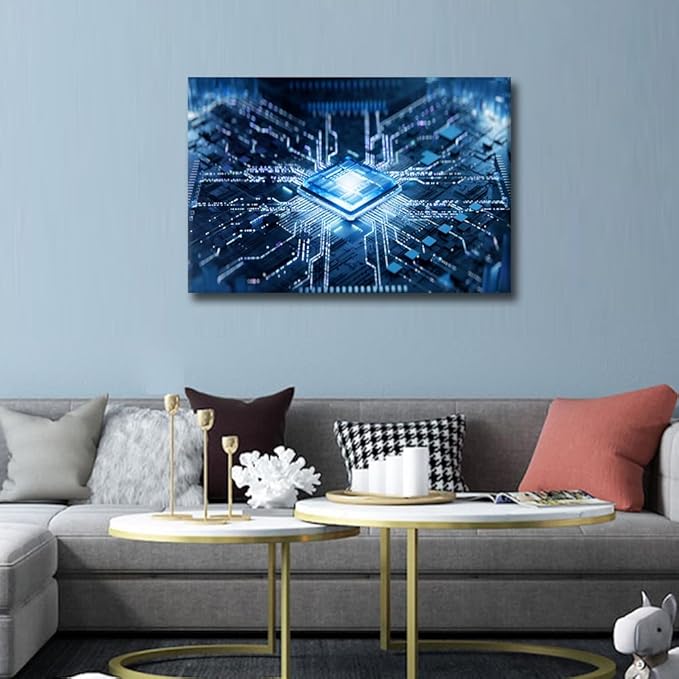 TUMOVO Digital Age Canvas Paintings CPU Concept Bedroom Wall Art Computer Chip Contemporary Home Decor AI Bathroom Decor Wall Art Modern Artwork Ready to Hang for Living Room Office, 36x24in