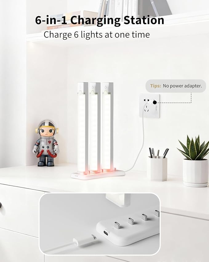 Usb Under Cabinet Lighting charging station with 6 Type-c Charging Ports, 2-Pack, Portable Motion Sensor Light Indoor Multi-Light Storage&Charging Base Save Charging Time Design for Closet Light
