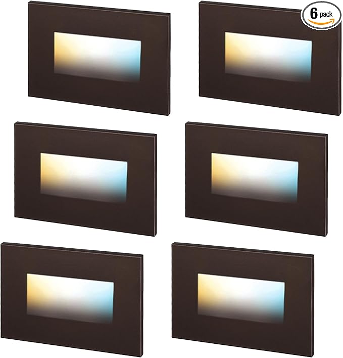 LEONLITE 5CCT 120V LED Step Lights, 3.5W 150LM 5%-100% Dimmable Horizontal Stair Lights Indoor Outdoor Wet Location, CRI90+ & ETL, 2700K/3000K/3500K/4000K/5000K, Aluminum, Oil Rubbed Bronze, Pack of 6