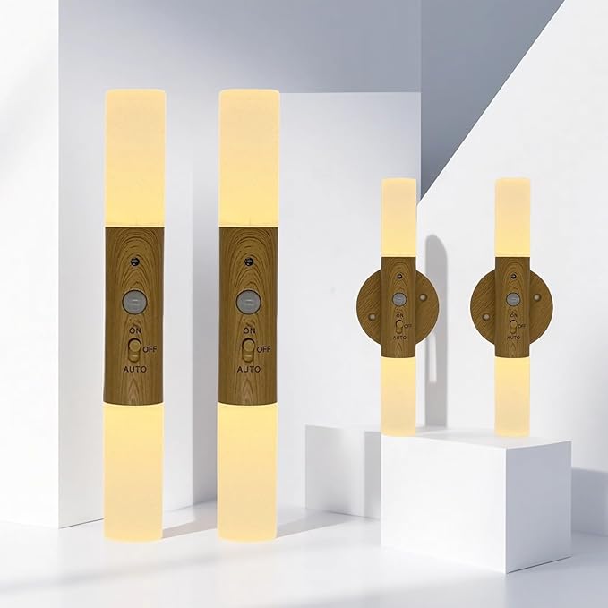 Motion Sensor Wall Mounted Lights,Wall Sconces Lamp Magnetic Wooden LED Wall Sconce for Bedroom Corridor Staircase Cabinet,2 Pack