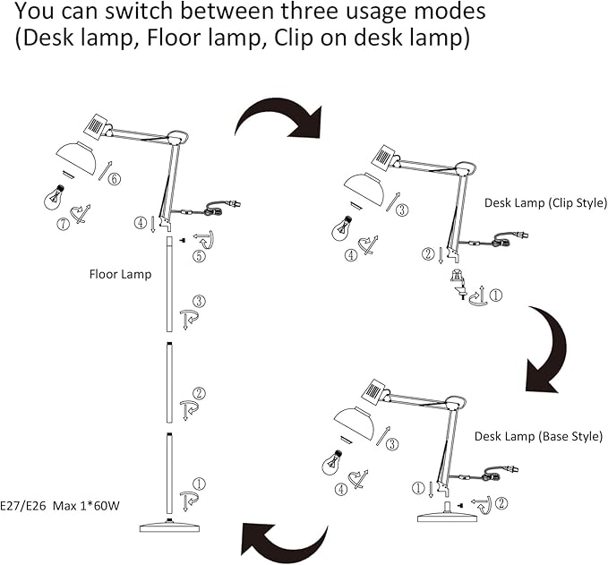 FIRVRE LED Floor Lamp, Vintage Metal Swivel Floors Lamp, 3 Usage Modes - Floors Lamp, Table Lamp and Clip Lamp, E26 Architectural Reading Lamp with Push Button for Bedrooms, Offices and Studios