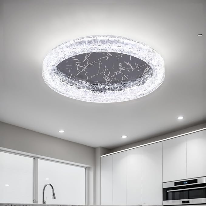 Black Modern Acrylic Ceiling Light, 11.8 inch Round LED Flush Mount Chandeliers Alternative Light Fixture with Stainless Stell Base for Dining Room Bedroom Low Ceiling, 24W 6500K