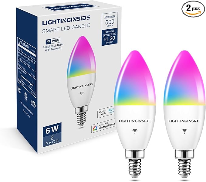 Lightinginside E12 Smart Light Bulbs 60W Equiv., Work with Alexa/Google Home/SmartLife, 500LM 6W RGBCW Candle Candelabra LED Light Bulbs, No Hub Required, 2.4G WiFi Bluetooth Bulb, ETL Listed, 2PCS
