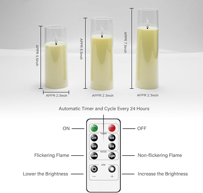Flickering Flameless Candles Battery Operated with Remote and 2/4/6/8 H Timer Plexiglass Led Pillar Candles Pack of 9(D2.3 xH5.5 6.5" 7.5") with Realistic 3D Wick Candles for Home Decor(Ivory)
