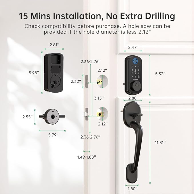Smart WiFi Front Door Lock: Hornbill Keyless Entry Fingerprint Deadbolt with Handle Set Electronic Digital Keypad Door Locks APP Remote Control Alexa Auto Lock Black
