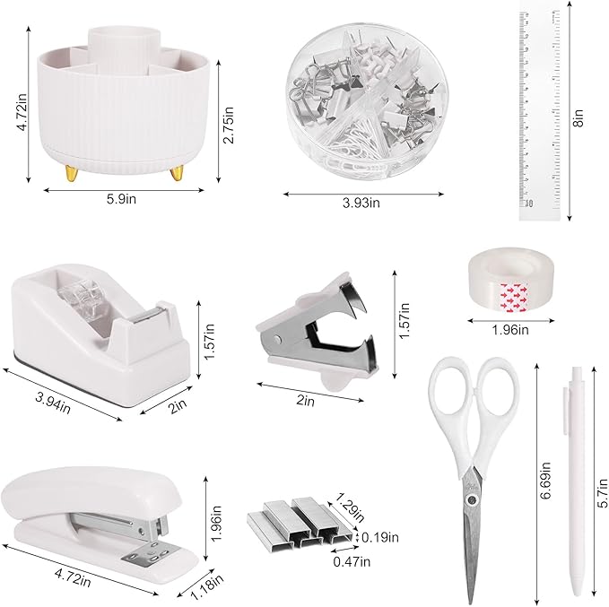 White Desk Organizers and Accessories Set with 360-Degree Rotating Pen Holder, Tape Dispenser, Stapler, Staple Remover, 1000 Staples, Tape, Clips Set, Ruler, Scissor, Pen