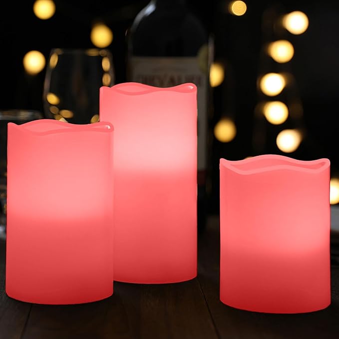 JUNPEI Flameless Led Battery Operated Candles: Flickering Electric Candles 4" 5" 6" Set of 3 Real Wax 10-Key Remote Control with 2/4/6/8-hours Timer Function,Cycling 24 Hours Timer, 300+ Hours (Pink)