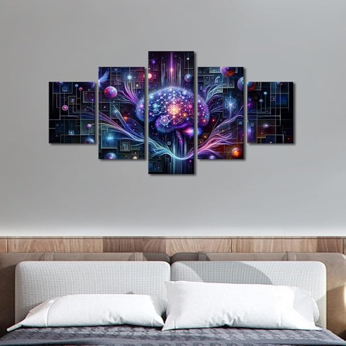 5 Panel Neural Network Wall Art for Bedroom Futuristic Technology Wall Decor for Living Room AI Print Artwork Canvas House Wall Decoration Framed Artwork for Walls 60" Wx32 H