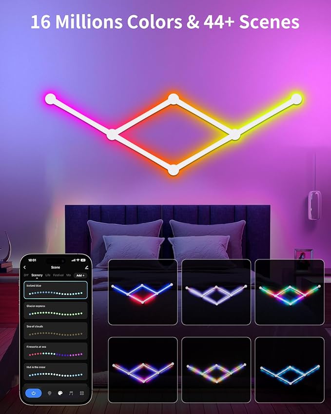 Smart LED Wall Lights, Music Sync Voice Control DIY RGB Light Bar with 16M+ Color & 44+ Scenes, Dimmable Home Decor Wi-Fi Wall Light for Gaming Room TV Bedroom (6 Lines)
