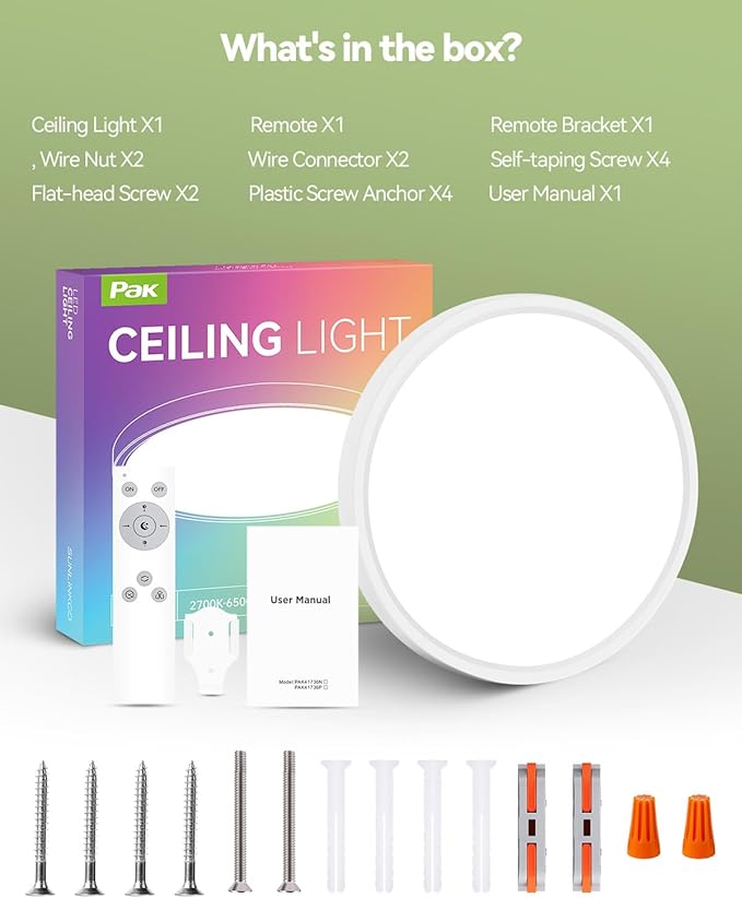 Pak 12 Inch LED Flush Mount Ceiling Light Fixture with Night Light, 24W Modern Ultra-Thin Ceiling Lamp with Remote, 2400LM Dimmable, 2700K-6500K Adjustable Color Temperature, for Bedroom Living Room