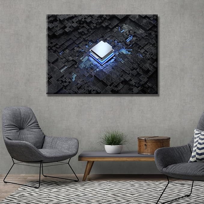 LSIUHWUWI Canvas Wall Art 1 Piece Central Computer Processors CPU Wall Decor Picture for Bedroom Living Room Circuit Board Wall Decor for Living Room Artwork Framed Ready to Hang 20X28 INCH