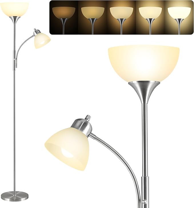 Floor Lamp, Dimmable Standing lamp, Stepless Dimming Brightness, Included 9W and 5W LED Bulbs, Industrial Floor Lamp for Living Room, Bedroom, Office, Reading