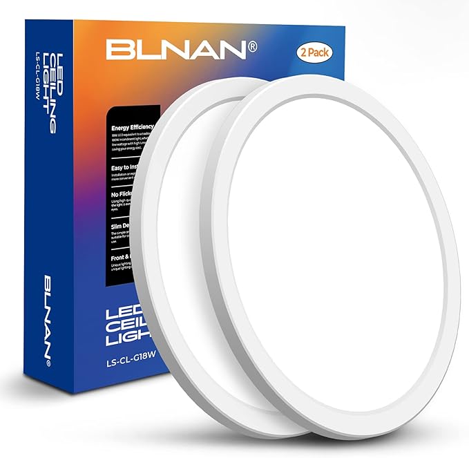 BLNAN LED Flush Mount Ceiling Light, 9 Inch 18W 3000K/4000K/5000K Hardwire Light Fixture, Ultra Thin Round White Lamp for Kitchen Porch Bedroom Hallway Stairwell Basement, Non-dimmable 2 Pack