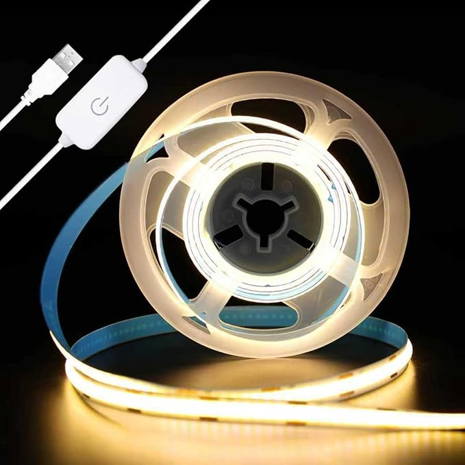 COB LED Strip Light, TV LED Backlight, 16.4ft USB Flexible, Cuttable, Dimmable with Tape Strip Lights Great for Cabinets, Closet, Bedroom, Kitchen, Shelves etc Warm White