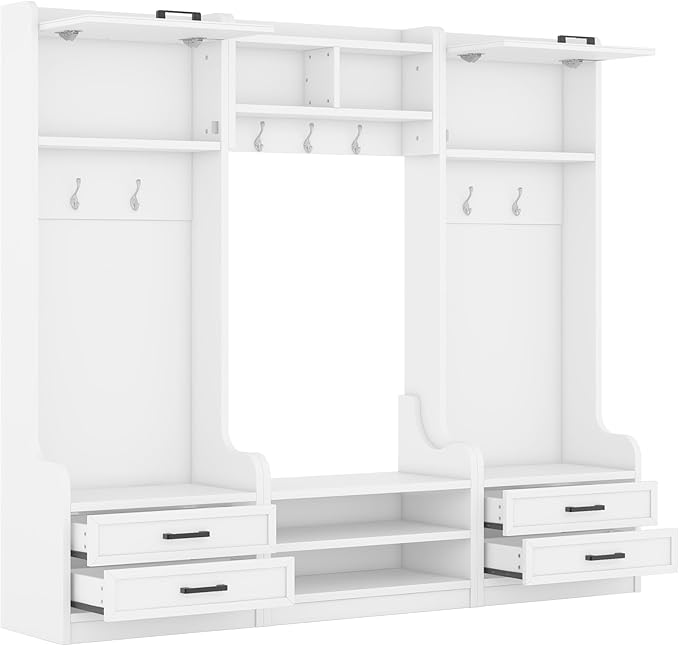 Bellemave Wide Hall Tree with Storage Bench, Wood Coat Rack with 4 Drawers and 7 Hooks, Detachable Mudroom Organizer with Shoes Storage Shelves for Entryway Hallway, White