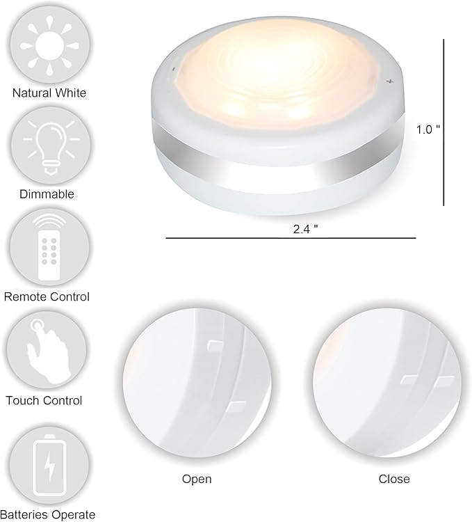 LED Puck Lights with Remote Control, Stick On Under Cabinet Lights, AAA Battery Powered LED Closet Lights with Timer, Auto Off 30 Min Night Light for Closet, Kitchen, Pantry, Stairs