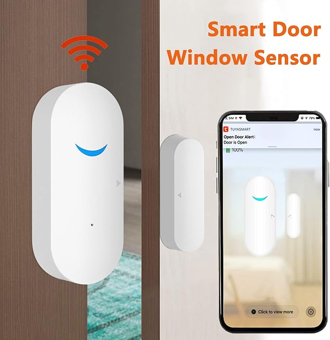 Smart Door Sensor Alarm Wireless, WiFi Door Window Detector with 8 Batteries, Smart Linkage Window Door Contact Sensor for Home Security Compatible with Alexa/Google Assistant, No Hub Required, 4 Pack