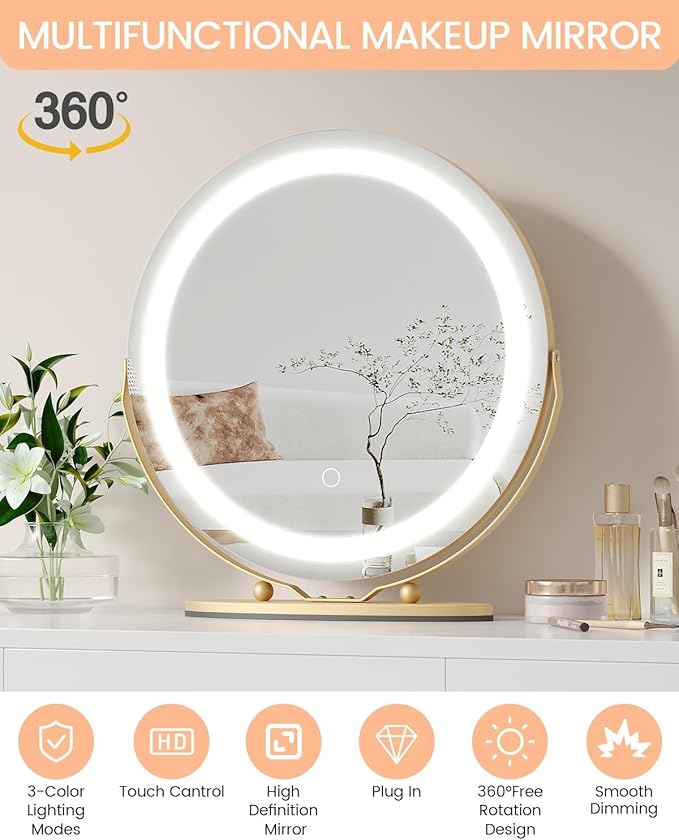 IDEALHOUSE 19 inch Makeup Mirror with Lights, Vanity Mirror with Smart Touch Control 3 Colors Dimmable Lights, 360°Rotation Gold Vanity Mirror for Bedroom, Tabletop and Desk Mirror