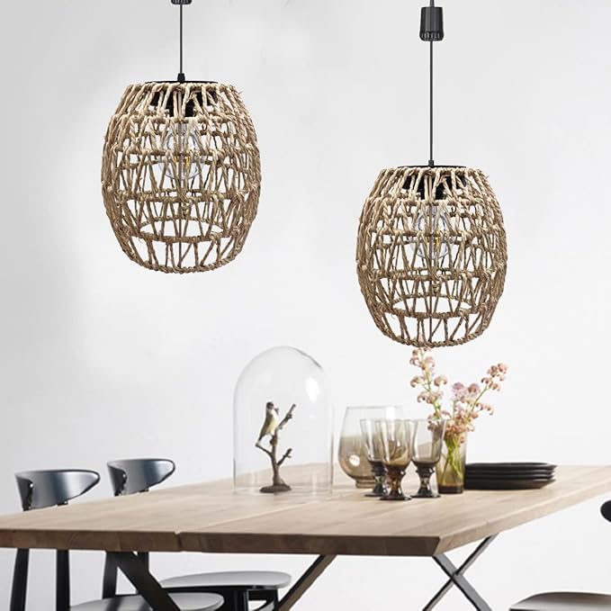 Battery Operated Outdoor Hanging Light Waterproof,6 Hours Timer Seagrass Woven Chandelier Indoor Outdoor Rattan Lantern for Patio Porch Gazebo Garden,Battery Operated Pendant Light with Edison Bulb