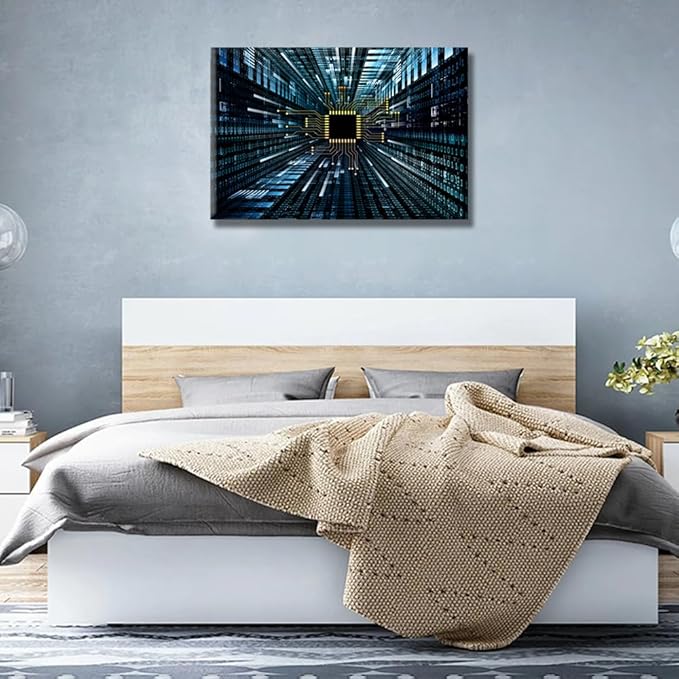 1 Piece Wall Art for Living Room Digital Circuit and Number Graphics Wall Art Office Wall Decor CPU Concept Wall Painting Wall Decorations for Bedroom Bathroom Framed Ready to Hang 16X24 INCH