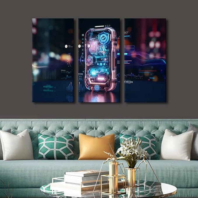 TUMOVO 3 Panel Wall Art for Living Room Mobile Phone Using Biometric Digital Finger Picture Poster Contemporary Art Giclee Artwork, Stretched and Framed Ready to Hang, 42" Wx28 H