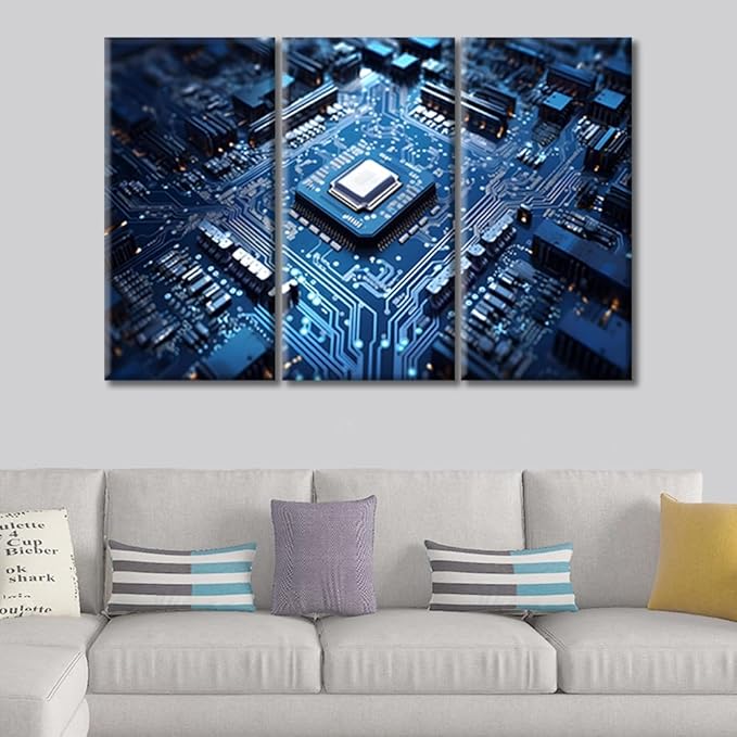 Technology Blue AI Wall Art for Living Room Circuit Board Pictures Canvas Wall Art Chip Pictures Posters Modern Wall Decor Art for Bedroom Office Paintings Giclee Framed Ready to Hang, (36"Wx24"H)