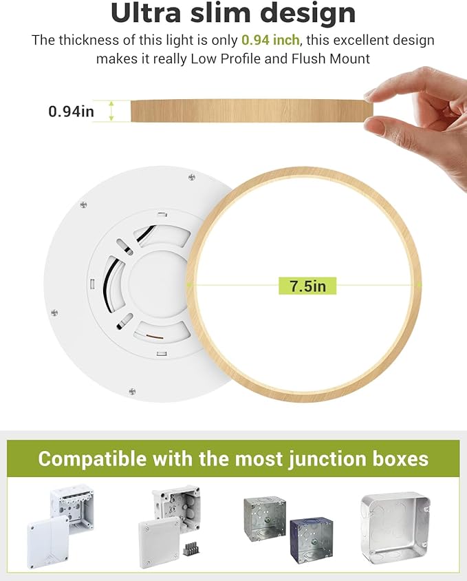 Flush Mount Ceiling Light Fixtures - 3000K-4000K-6500K & 100W Equivalent Flat Led Lights for Room Ceiling,7.5Inch Ultra Thin Round White Ceiling Lights for Bedroom,Kitchen,Bathroom,Hallway (Wood