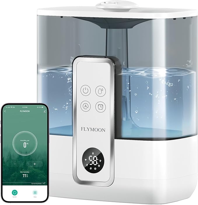 FLYMOON Humidifiers for Bedroom, 1.32 Gallon Top Fill Cool Mist Humidifiers for Large Room, 50H Runtime, 28 dB,12H Timer, App Control, Ultrasonic Humidifier for Plants, Baby, Indoor, Home, White