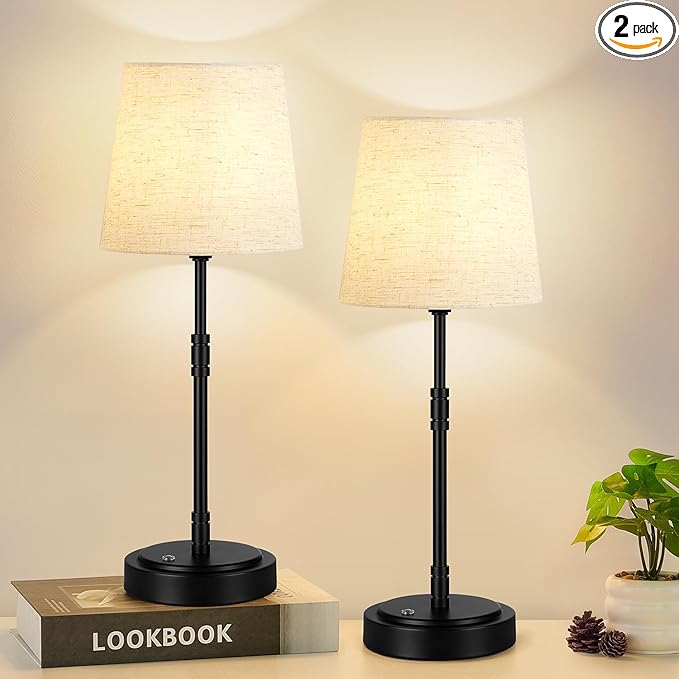 Cordless Table Lamps Set of 2 – Battery Operated Lamp with 7500mAh Rechargeable Battery, Stepless Dimmable Black Lamps with Beige Shade, Wireless Lamps for Dining Room & Nightstand (Bulbs Included)