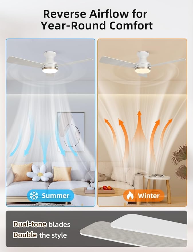 42" RGB Ceiling Fan with Light, Music Sync Smart Fan with Alexa/Google/App Control, Low Profile Flush Mount, 6-Speed Quiet DC Motor, 4 CCT Dimmable Lighting for Bedroom, Champagne Gold
