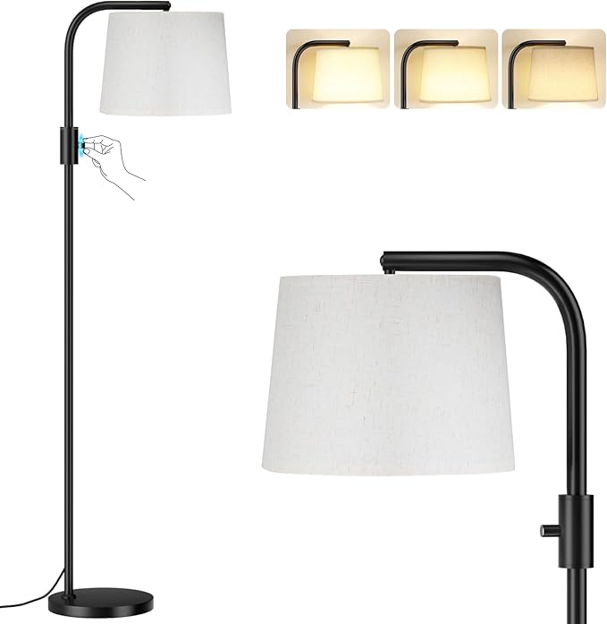 Ambimall 𝐅𝐮𝐥𝐥𝐲 𝐃𝐢𝐦𝐦𝐚𝐛𝐥𝐞 Floor Lamp - Floor Lamps with 9W 𝐋𝐄𝐃 Bulb, Standing Lamps for Living Room with Adjust Head, Modern Standing Tall Light Rotary Switch for Office(Black and Beige)