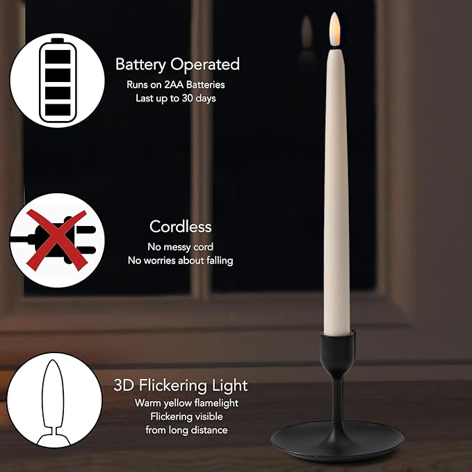 Flameless Taper Candles with Rmote,Timer,Dimmer,6 Pack Ivory Battery Operated Flickering Candlesticks with 3D Flame, Plastic Led Window Candles,11 Inches for Halloween Christmas Holidy Decoration