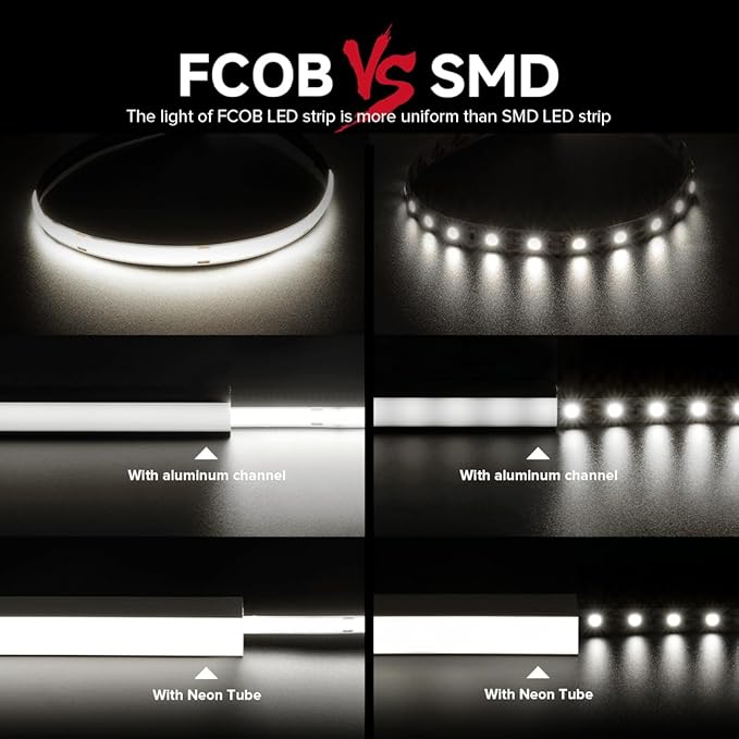 BTF-LIGHTING FCOB COB LED Strip Flexible High Density Uniform Light 9W/m 16.4FT DC24V Daylight White 5000K 480LEDs/m CRI 90+ 8mm IP67 Waterproof Width Dimmable LED Ribbon(No Adapter or Controller)