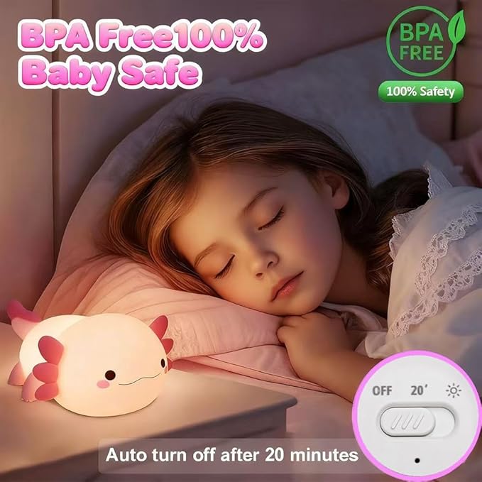 Cute Axolotl Night Light for Kids Bedroom, Animal Silicone Nursery Night Lamp Touch Control Nightlights USB Rechargeable Bedside Lamp for Baby Children Toddlers Girls Gift (Pink Axolotl+1)