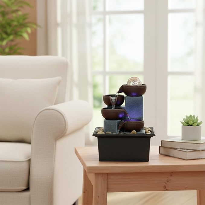 Small Indoor Water Fountain, Zen Meditation Waterfall Feature with Automatic Pump & Natural River Rocks, Tabletop Waterfall Fountain for Office Living Room Bedroom, 7.48” Tall