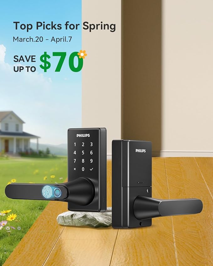Philips Wi-Fi Smart Door Lock with Handle, Keyless Entry Door Lock for Front Door Lock Set with App Remote Control, Fingerprint Door Handle Lock, Touchscreen Keypad Lever Lock Front Door Handle