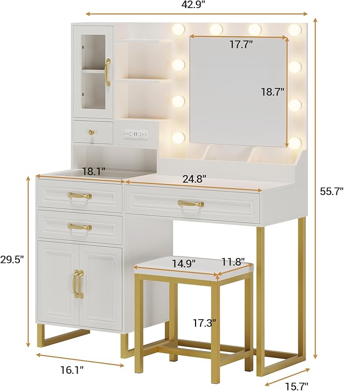 BTHFST Makeup Vanity Desk with Mirror and Lights & Charging Station & Makeup Stool, Vanity Table Set with Glass Top Storage Drawer & Beach & 3 Shelves for Bedroom (Modern White & Gold)