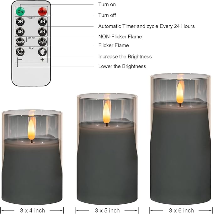 Grey Glass Flameless Candles with Timer - Battery Operated Candles with 10-Key Remote, Real Wax LED Flickering Pillar Candles for Home Decoration, D3 H 4" 5" 6", Set of 3