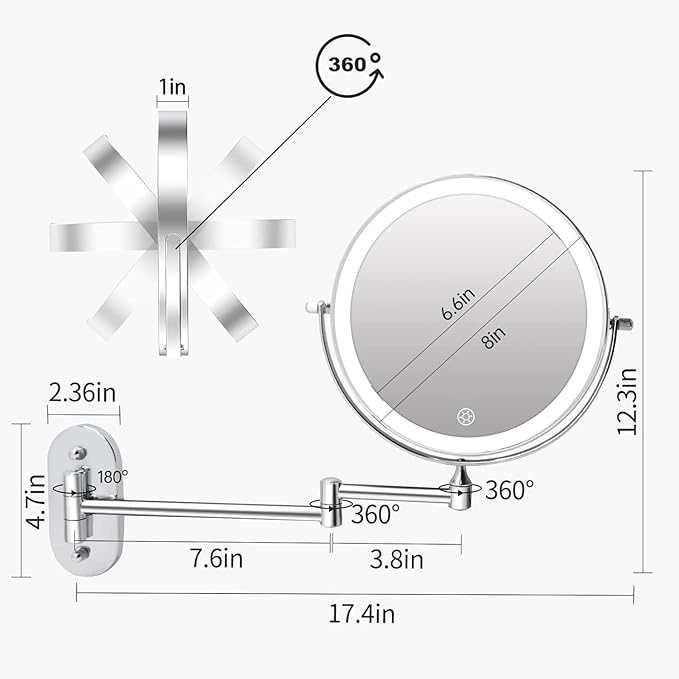 FUNTOUCH 5000mAh Rechargeable Wall Mounted Lighted Makeup Vanity Mirrors, Double Sided 1X 30X Magnifying, 3 Color Lighting, Touch Screen Dimming, Extended Arm 360 Rotation Shaving Bathroom Mirror