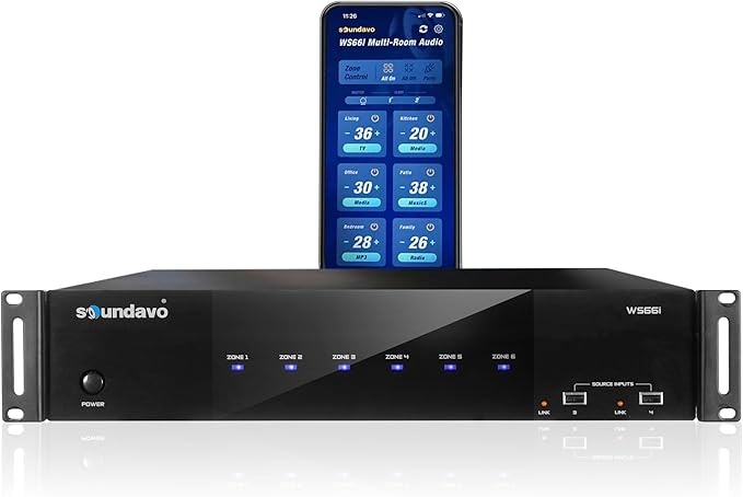 WS66i 6 Zone Amplifier – 100W per Zone Whole House Audio System, 6 Source x 6 Zone App Controlled Multi-Room Amplifier for Ceiling Speakers, AirPlay, Spotify Connect, USB, DLNA